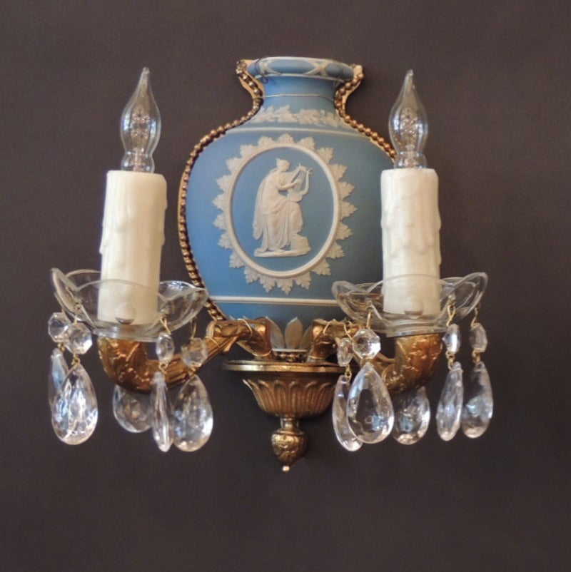 Early 20th C English Wedgwood and Bronze Sconces 1