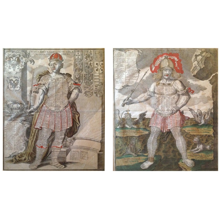 Paire de gravures "Allegory and European Monarchs" du 18e siècle en vente