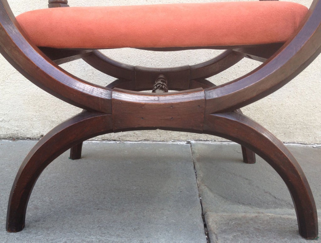 Early 19th Century Italian Curule Walnut Bench or Stool with Rose Upholstery 3