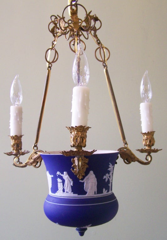 19th C Adams Blue Brass and Pottery Chandelier Stamped 