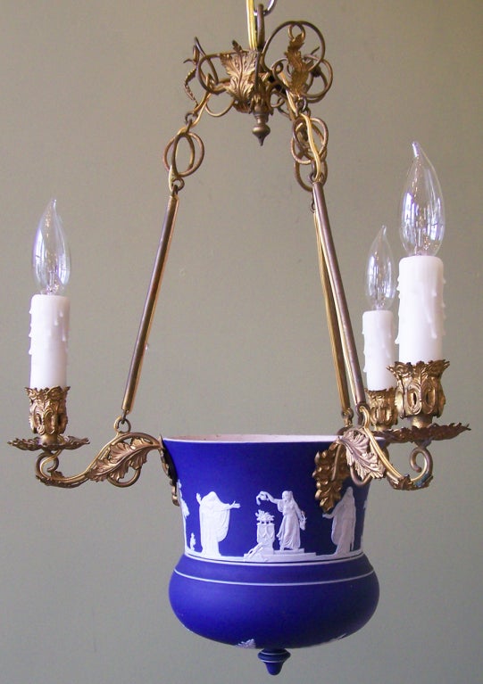 19th Century 19th C Adams Blue Brass and Pottery Chandelier Stamped 