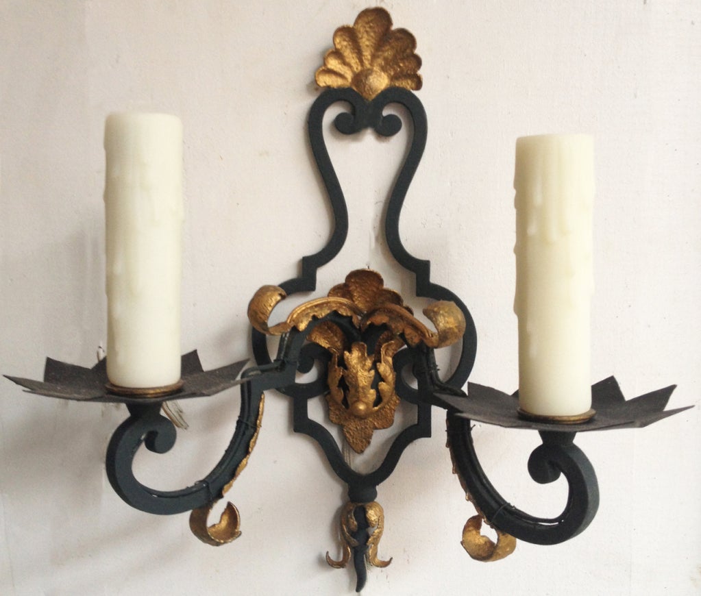 20th Century Pair of Early 20th C French Rococo Iron and Gilt Tole Sconces For Sale