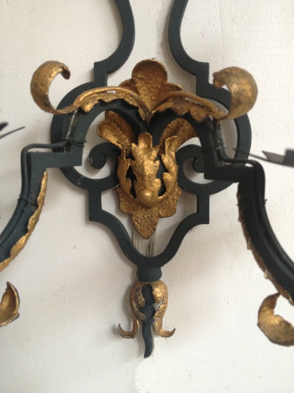 Pair of Early 20th C French Rococo Iron and Gilt Tole Sconces For Sale 1