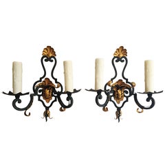 Pair of Early 20th C French Rococo Iron and Gilt Tole Sconces