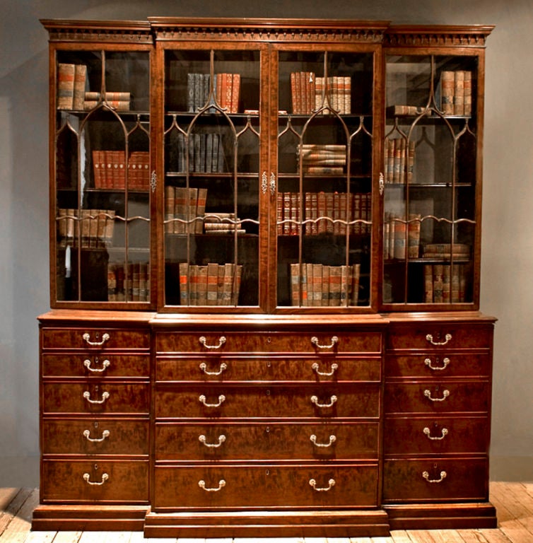 Outstanding 18th Century Chippendale mahogany breakfront bookcase with secretaire deaccessioned from the Rosenbach Museum in Philadelphia. This monumental bookcase will anchor any room and will be the focal point for any collection of books or even
