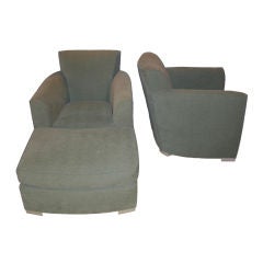Pair of Donghia Chenille Upholstered Club Chairs and Ottoman