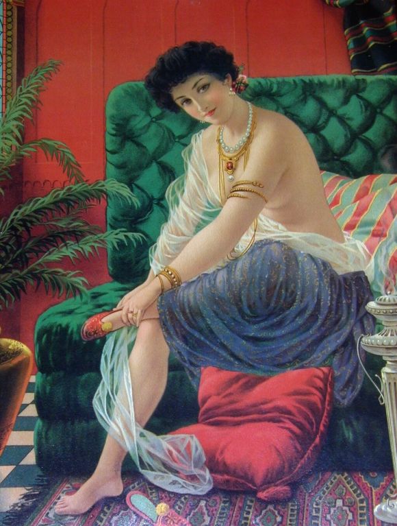 Seated Lady in Ottoman Inspired Harlequin Costume Seated on Tufted Green Velvet Divan. Measurements are framed size.