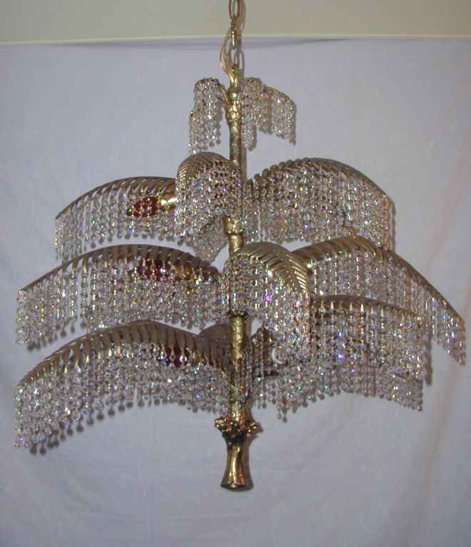French Art Deco Crystal Gilt Metal Palm Tree Chandelier