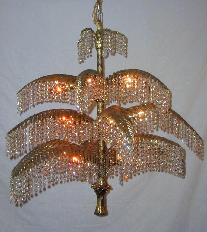 Mid-20th Century Art Deco Crystal Gilt Metal Palm Tree Chandelier