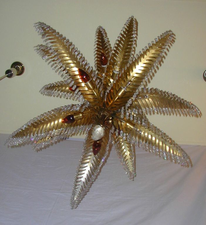 Art Deco Crystal Gilt Metal Palm Tree Chandelier 4