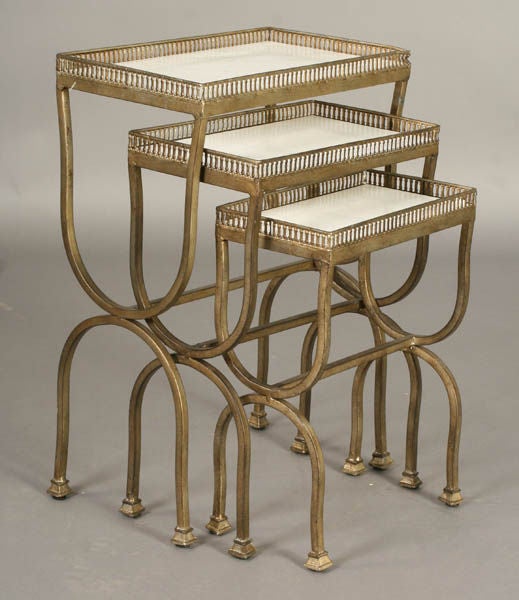 Set of Three Gilded Iron Nesting Tables with Marble Inset Top Enclosed by a Brass Gallery Rail Resting on Double 