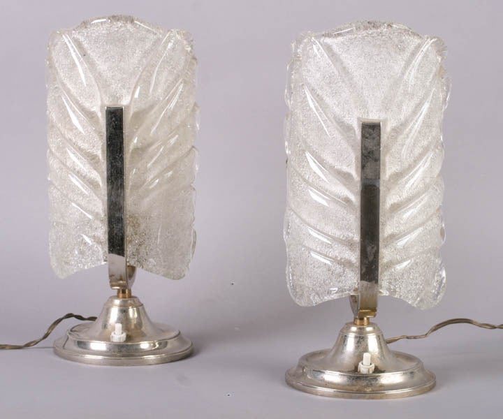 Pair of Venetian Art Deco Table Lamps Having Stylized Leaf Form Thick Crystalized Glass Shields Mounted on Chrome Bases.  Height:  12