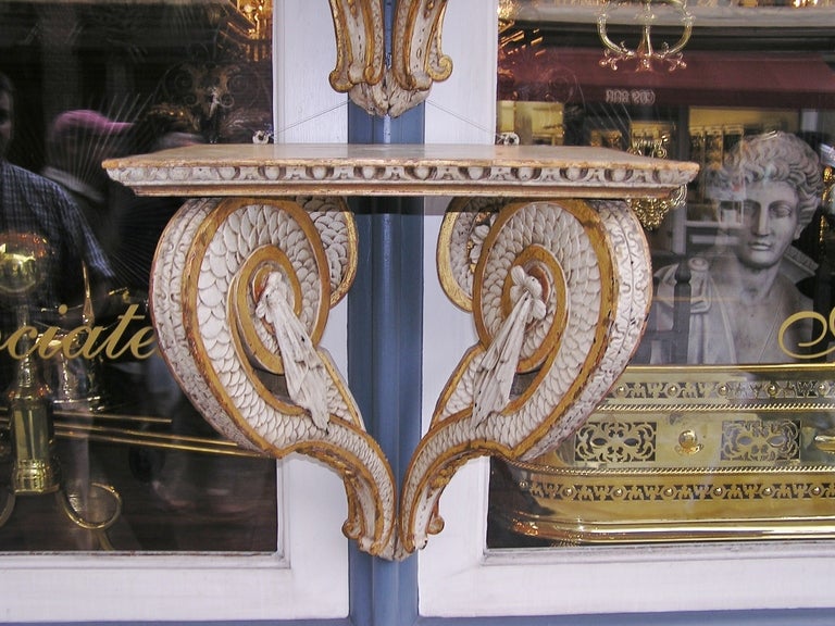 Hand-Carved Pair of Italian Painted and Gilt Wall Brackets. Circa 1820 For Sale