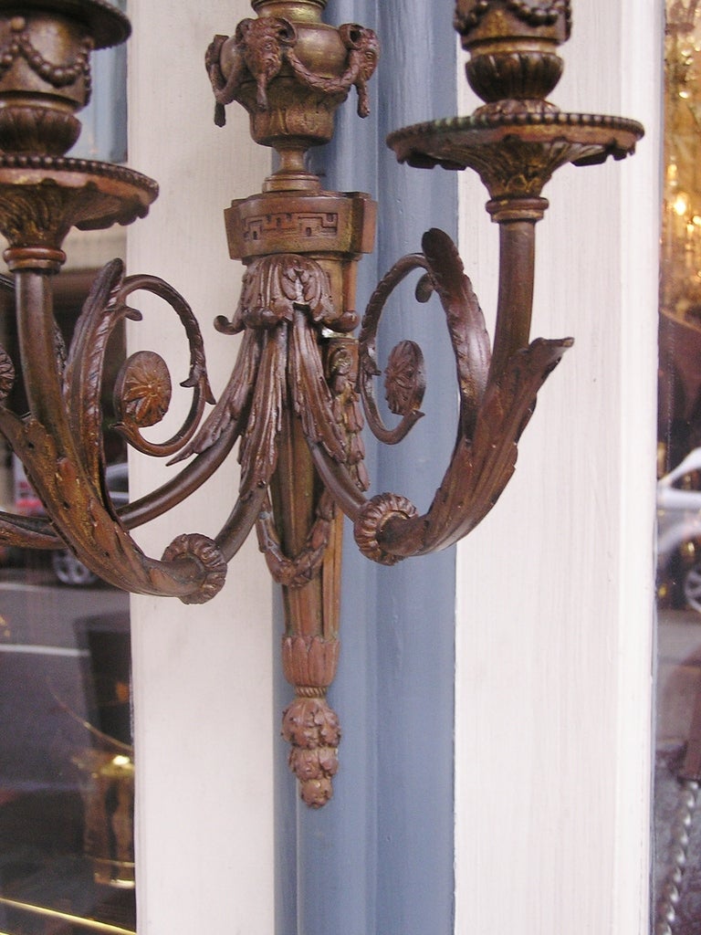 Pair of French Bronze Three Arm Sconces For Sale 6
