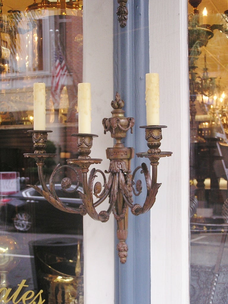 Pair of French Bronze Three Arm Sconces In Excellent Condition For Sale In Hollywood, SC