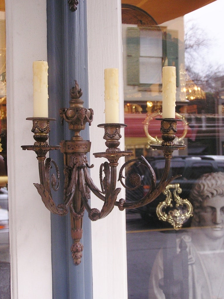 19th Century Pair of French Bronze Three Arm Sconces For Sale