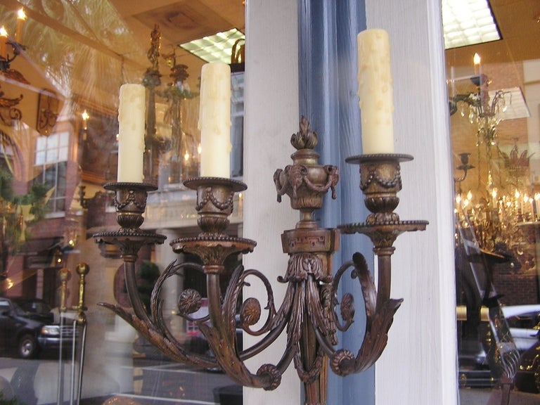 Pair of French Bronze Three Arm Sconces For Sale 1