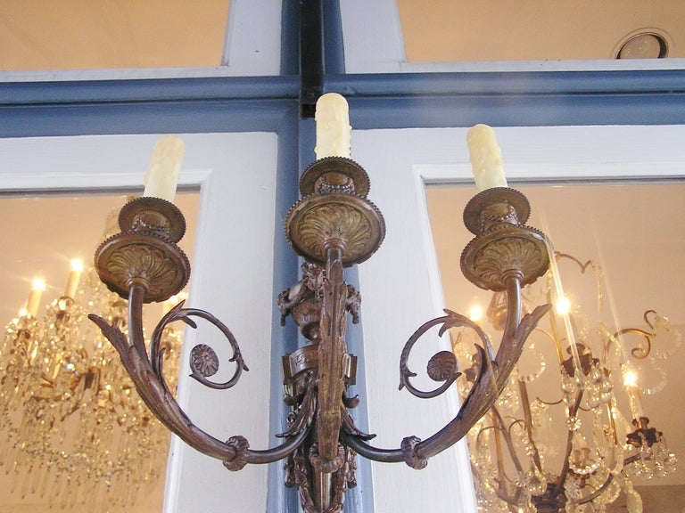 Pair of French Bronze Three Arm Sconces For Sale 3