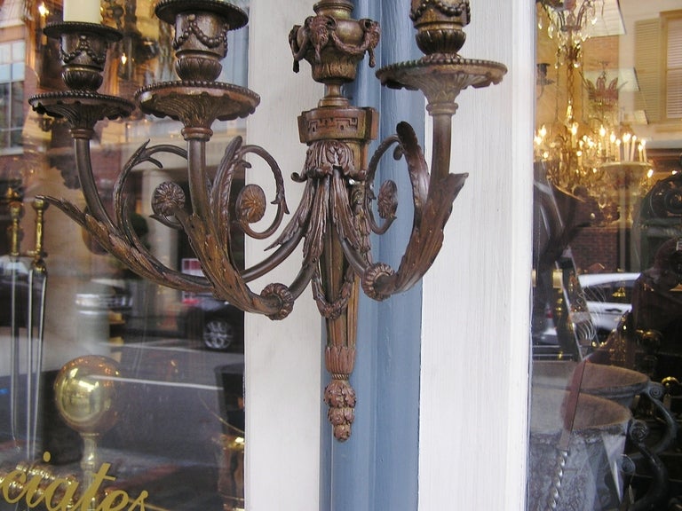 Pair of French Bronze Three Arm Sconces For Sale 4
