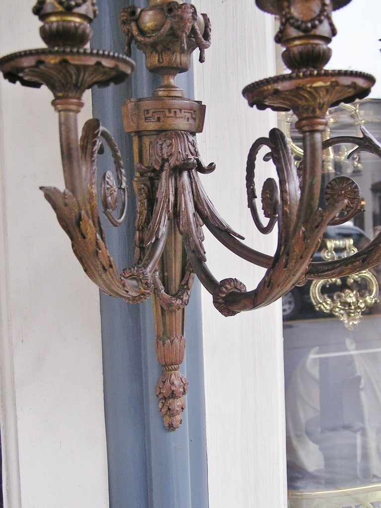 Pair of French Bronze Three Arm Sconces For Sale 5