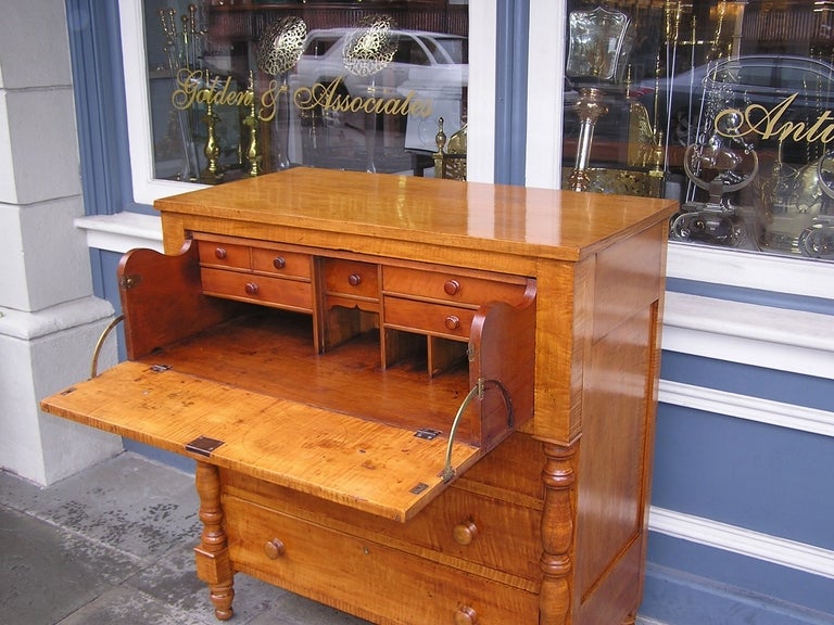 American Tiger Maple and Cherry Fall Front Chest In Excellent Condition For Sale In Hollywood, SC