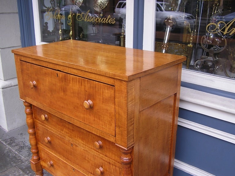 19th Century American Tiger Maple and Cherry Fall Front Chest For Sale