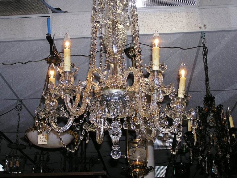Etched English Crystal Six Light Chandelier with Bulbous Column & Scrolled Arms, C 1840 For Sale