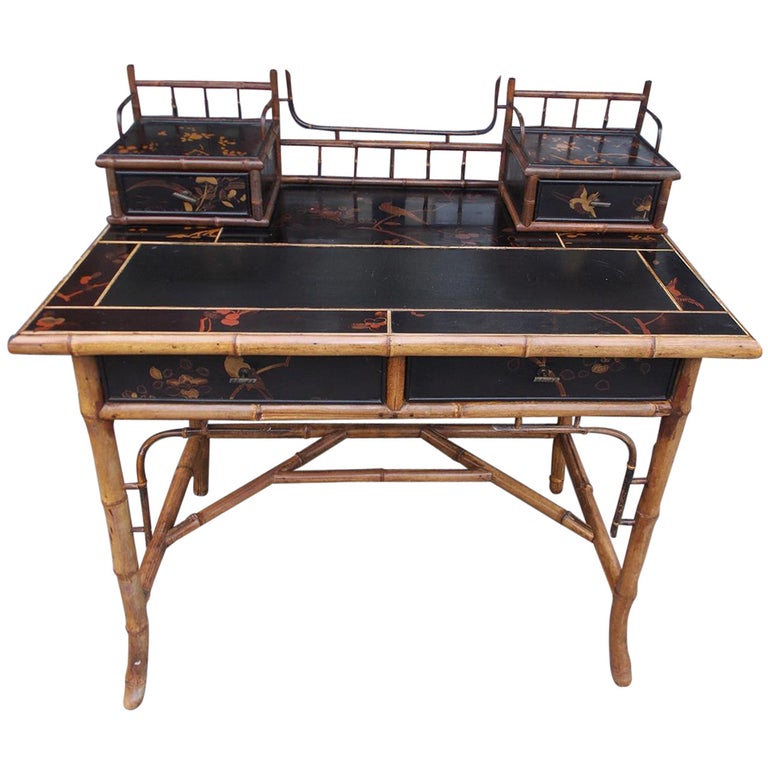 English Faux Bamboo Black Lacquered Writing Desk Circa 1830 For