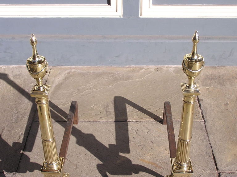 18th Century and Earlier Pair of American Brass Andirons Philadelphia