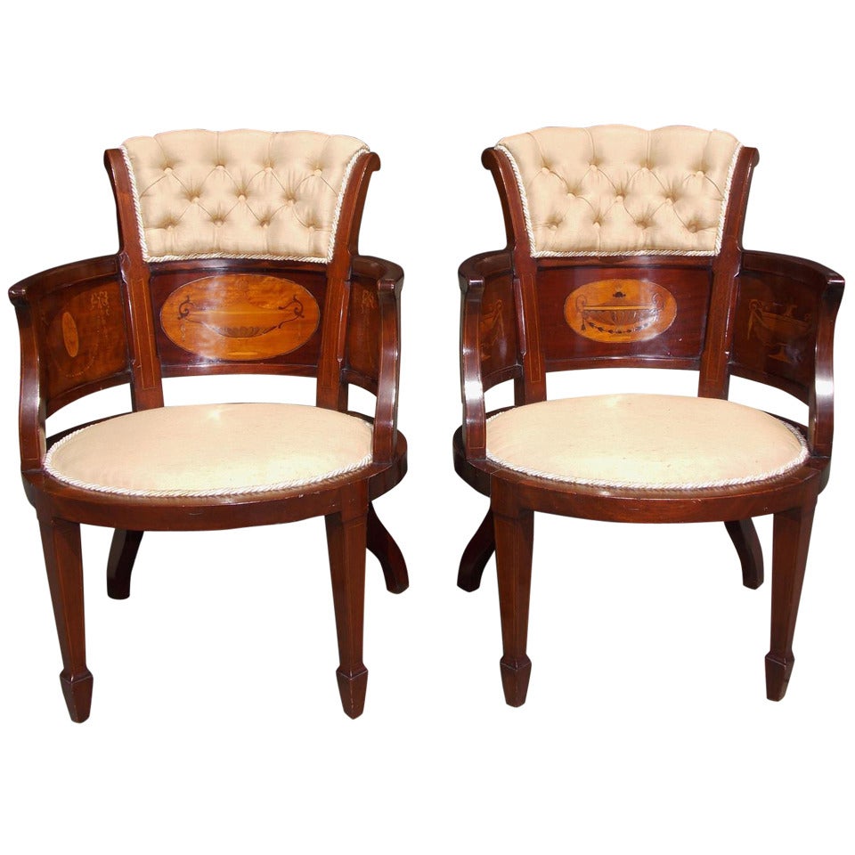 Pair of English Mahogany and Satinwood Arm Chairs. Circa 1850