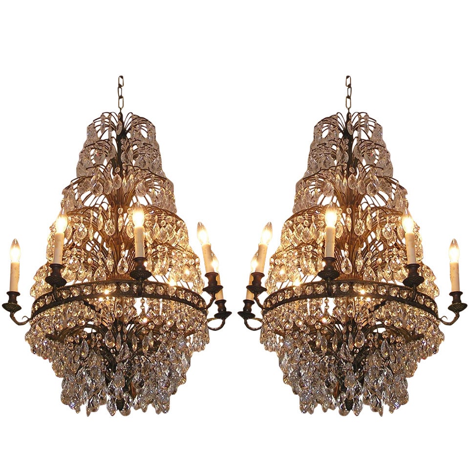 Pair of French Bronze and Crystal Chandeliers, Circa 1820