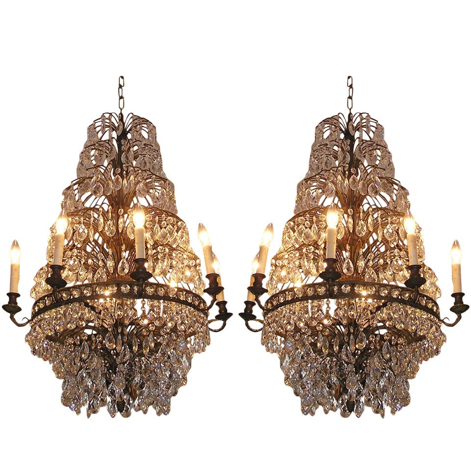 Pair of French Bronze and Crystal Chandeliers, Circa 1820 For Sale