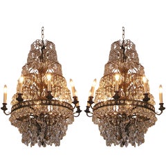 Antique Pair of French Bronze and Crystal Chandeliers, Circa 1820