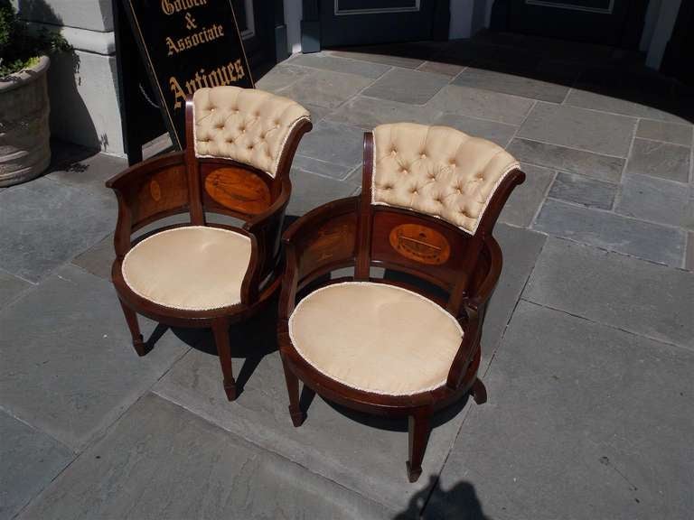 British Pair of English Mahogany and Satinwood Arm Chairs. Circa 1850 For Sale