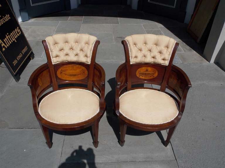 Pair of English Mahogany and Satinwood Arm Chairs. Circa 1850 In Excellent Condition For Sale In Hollywood, SC