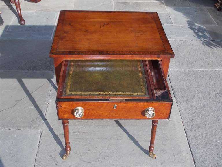 Brass English Regency Mahogany and Tulip Wood Work Table with Desk. Circa 1800
