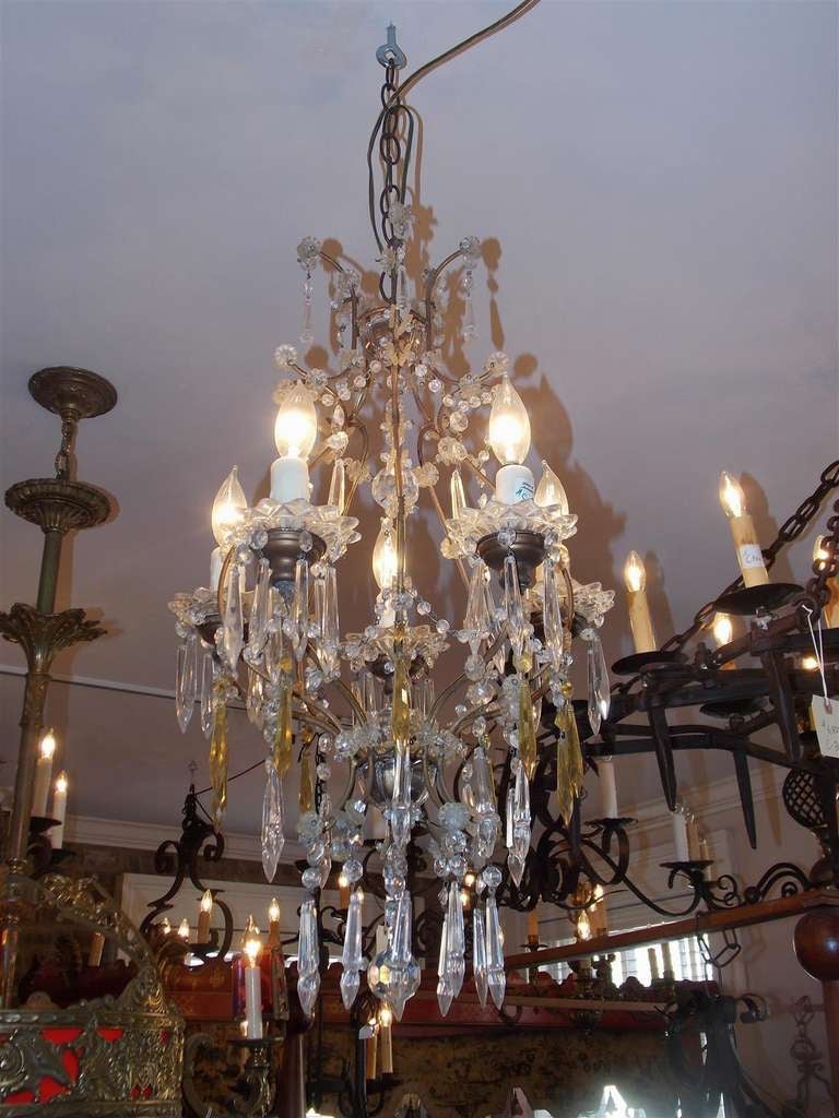 Lampadario francese a cinque luci in bronzo dorato e cristallo con prismi d'ambra e motivo floreale.  Il lampadario, originariamente alimentato a candele, è stato elettrificato. XIX secolo