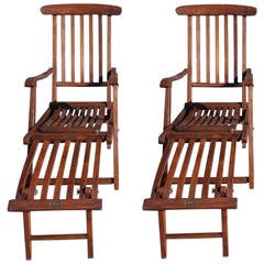 Antique Pair of French Teak Deck Arm Chairs Stamped "S.S. France, " Circa 1910