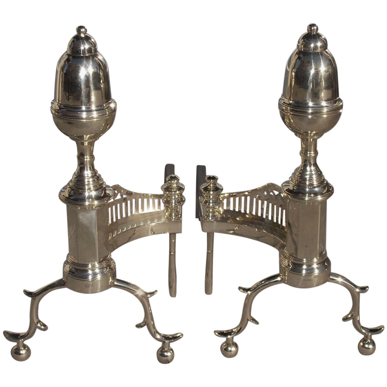 Pair of American Acorn Andirons With Pierced Galleries, Phil. Circa 1800 For Sale