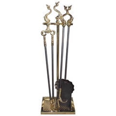 Set of English Regency Brass Dolphin Fireplace Tools on Stand, Circa 1850