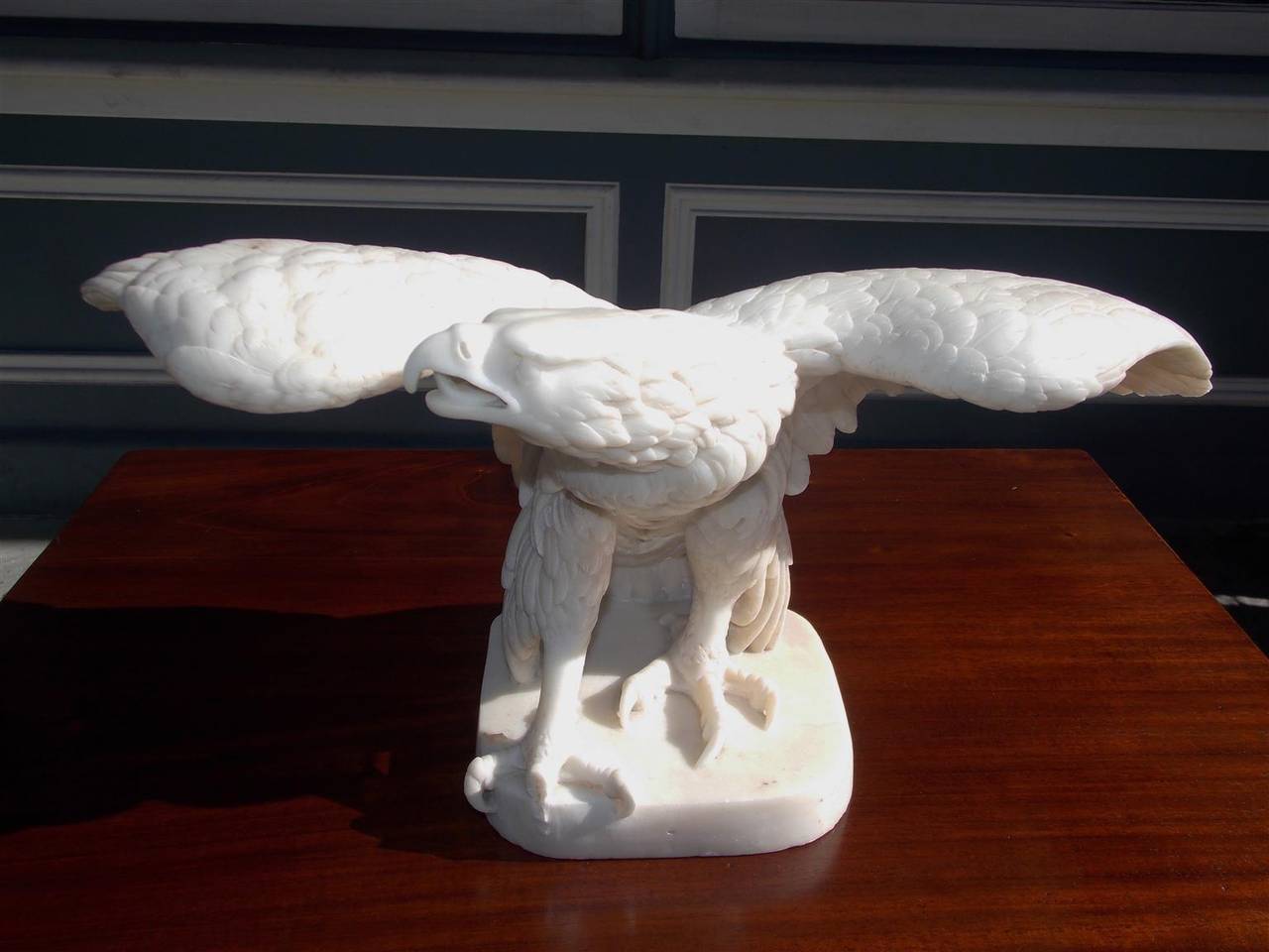 American Carved Marble Perched Eagle on Squared Plinth.  Circa 1850