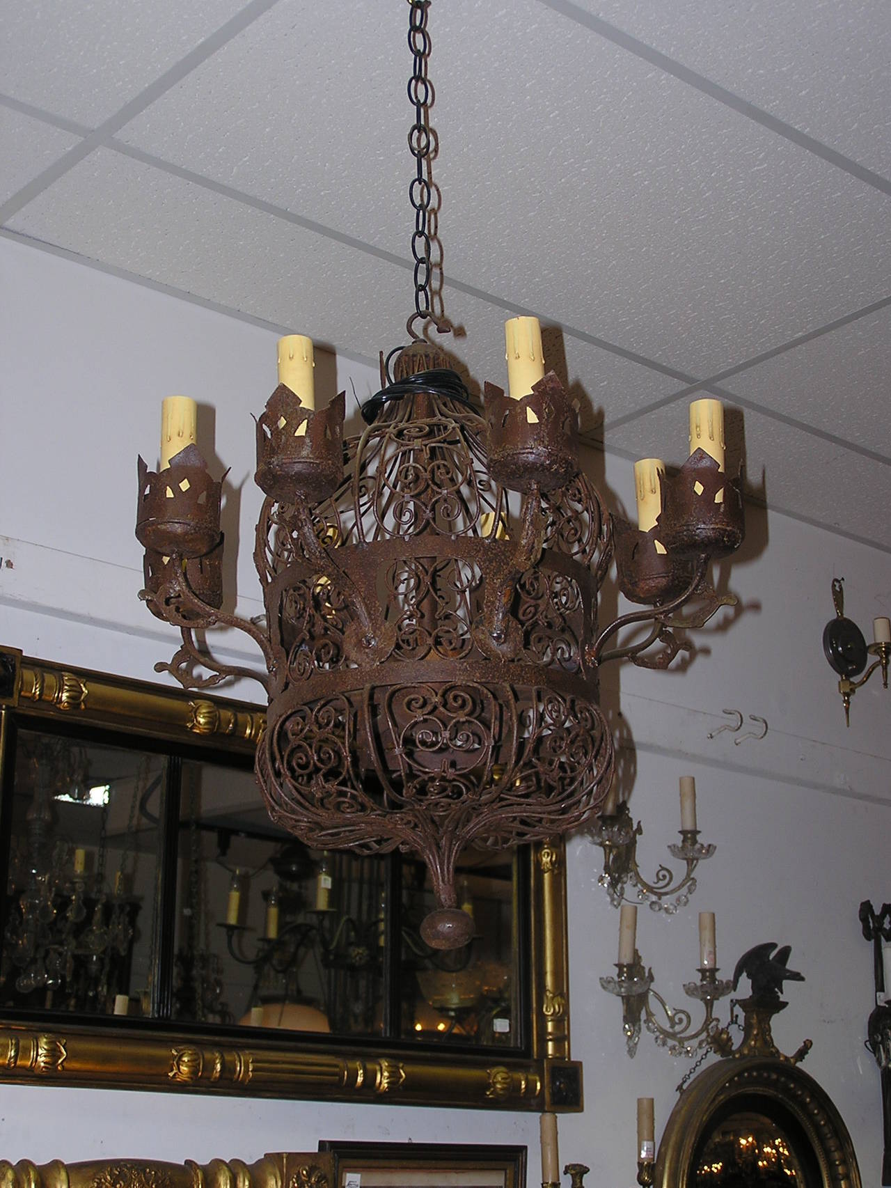 American Empire American Wrought Iron Scrolled Wire Work Chandelier.  Circa 1850 For Sale