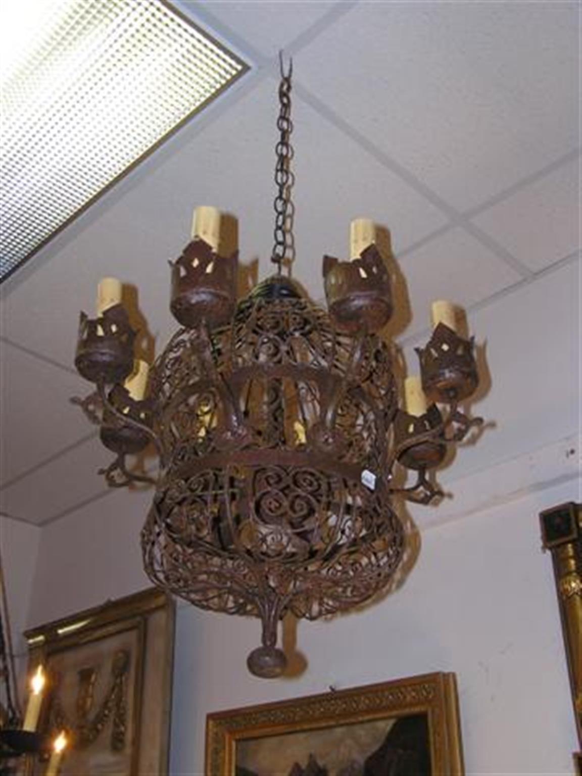 American Wrought Iron Scrolled Wire Work Chandelier.  Circa 1850 In Excellent Condition For Sale In Hollywood, SC