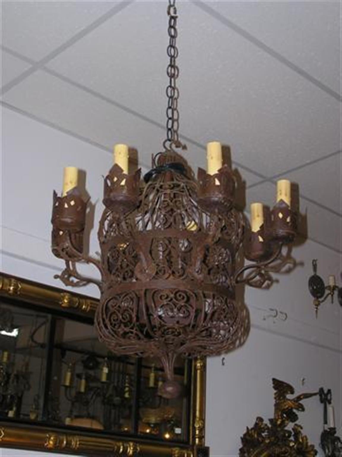 Mid-19th Century American Wrought Iron Scrolled Wire Work Chandelier.  Circa 1850 For Sale