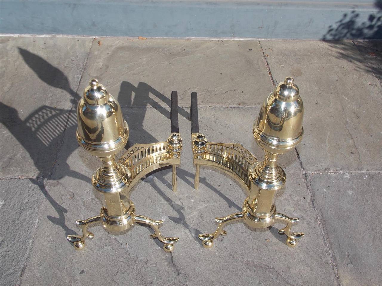 American Colonial Pair of American Acorn Andirons With Pierced Galleries, Phil. Circa 1800 For Sale