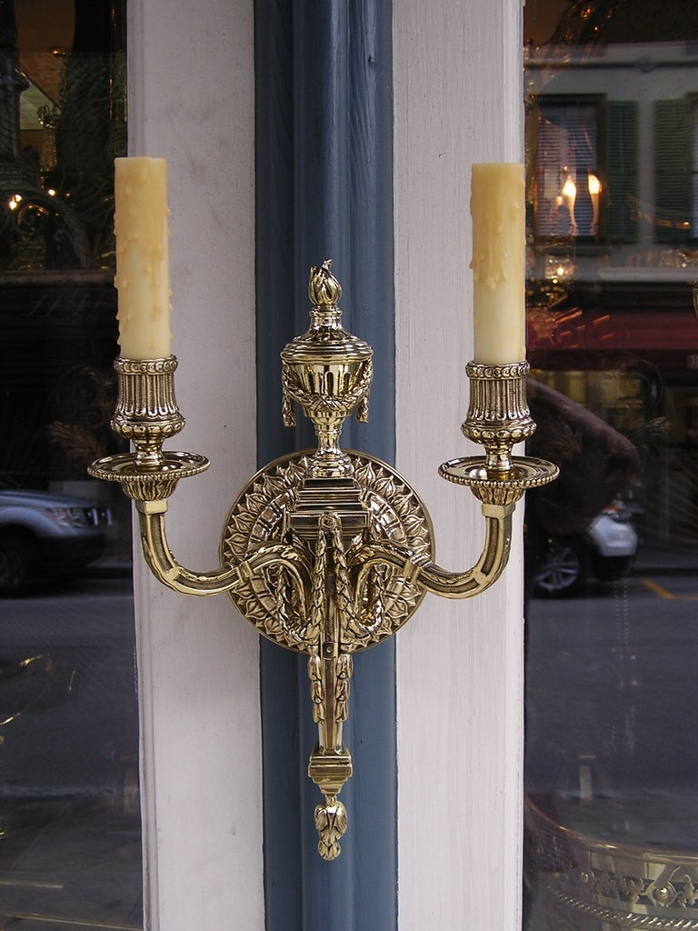 19th Century Pair of French Brass Urn Sconces