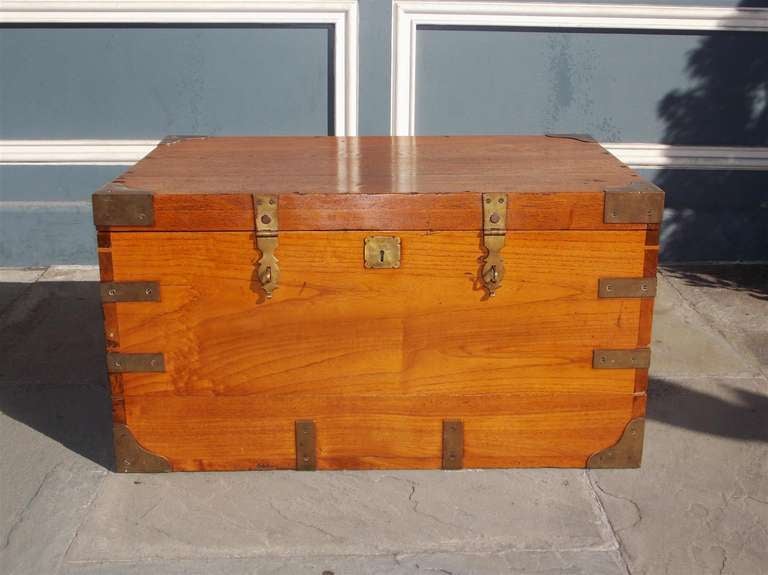 English camphor wood campaign chest with fitted interior, original side handles, latches, and brass mounts.  Early 19th century