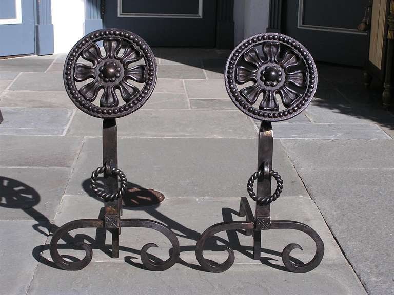 American Craftsman Pair of American Wrought Iron Floral Medallion Andirons 20th Century For Sale