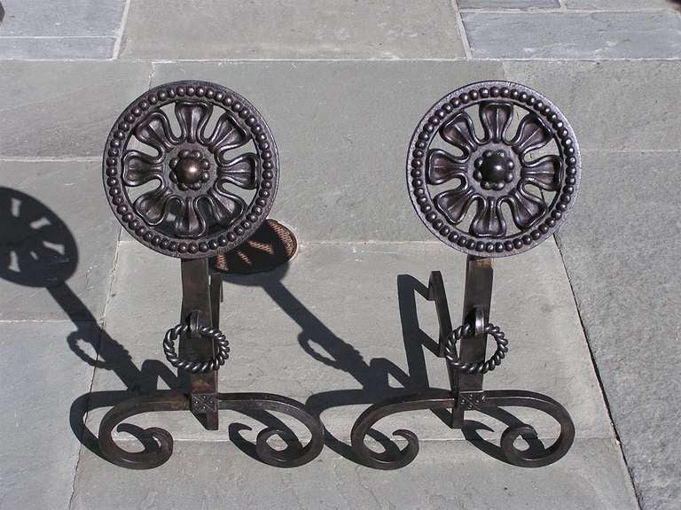 Pair of American Wrought Iron Floral Medallion Andirons 20th Century In Excellent Condition For Sale In Hollywood, SC