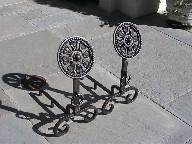 Pair of American Wrought Iron Floral Medallion Andirons 20th Century For Sale 1